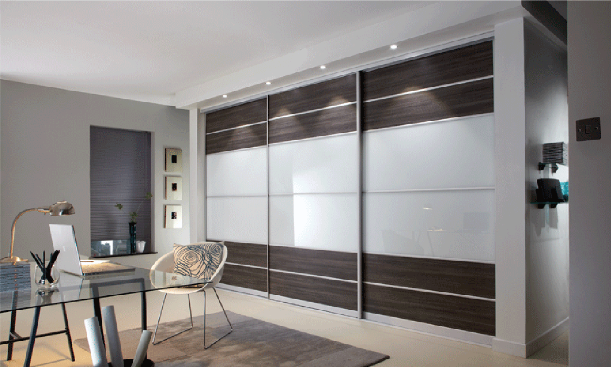 Grey & Dark Wood Sliding Door Built In Wardrobe