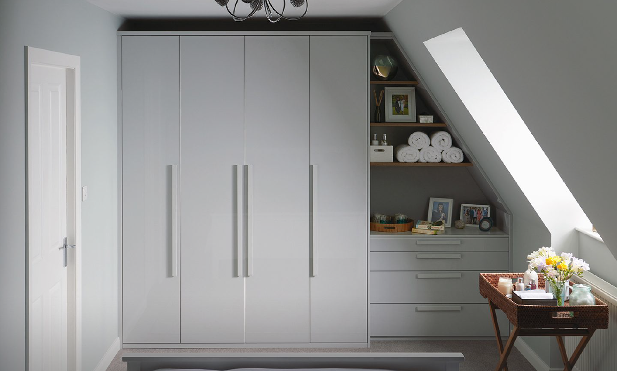 Built In Grey Fitted Wardrobe Around Slanted Ceiling 