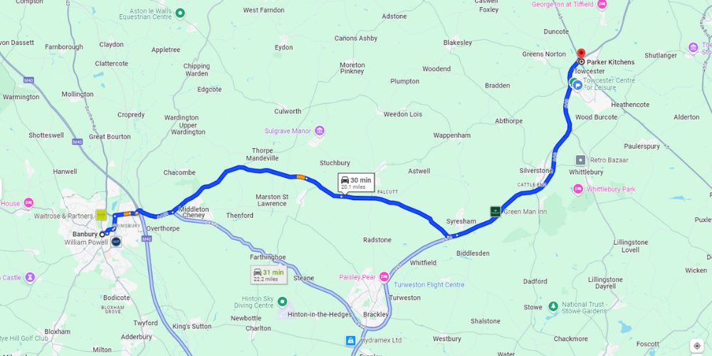 Map From Banbury To Parker Kitchens In Towcester